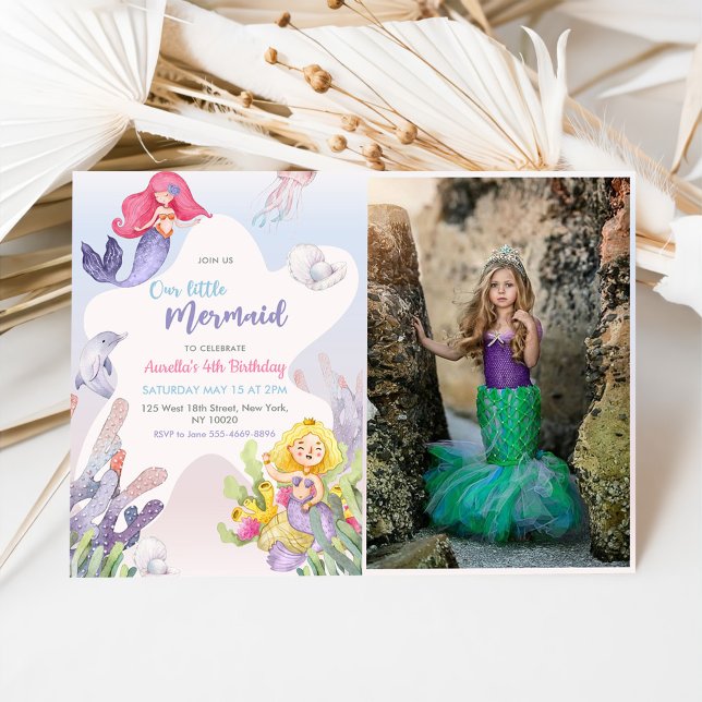 Mermaid Our Little Mermaid 4th Birthday Photo Invitation (Creator Uploaded)