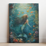 Mermaid Painting Art  Canvas Print<br><div class="desc">Cute and magical mermaid painting features a cute mermaid swimming under the water with cute orange fish. Original art by Nicole.</div>