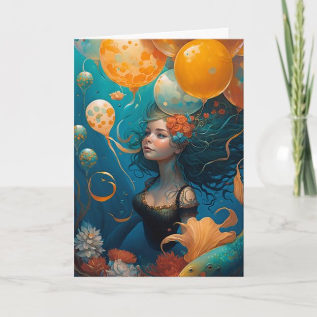 Mermaid  Painting Birthday Balloons  Card (Front)