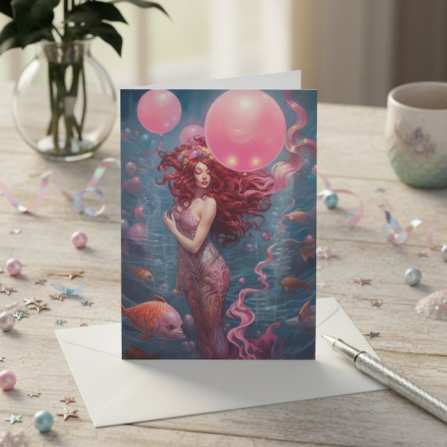 Mermaid  Painting Birthday Balloons Pink Card (Creator Uploaded)