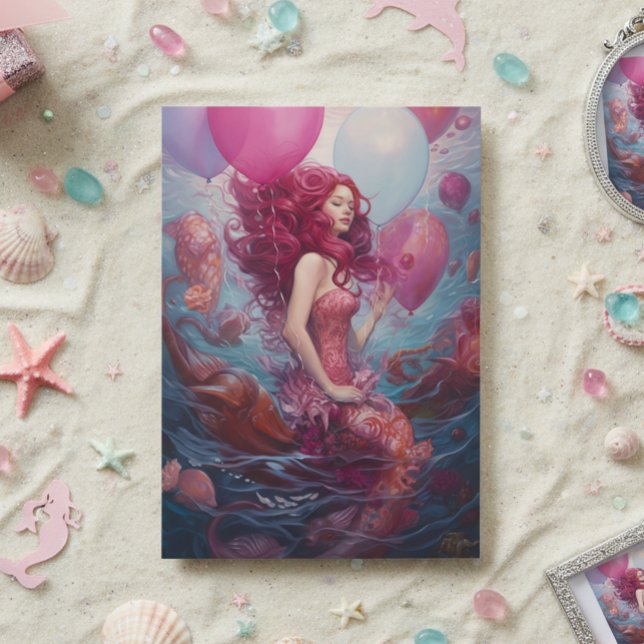 Mermaid  Painting Birthday Balloons Pink Card (Creator Uploaded)