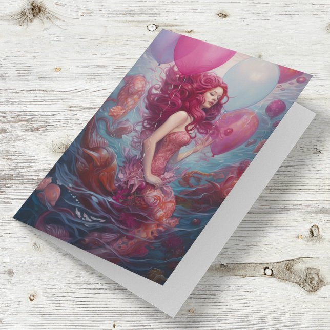 Mermaid  Painting Birthday Balloons Pink Card (Creator Uploaded)