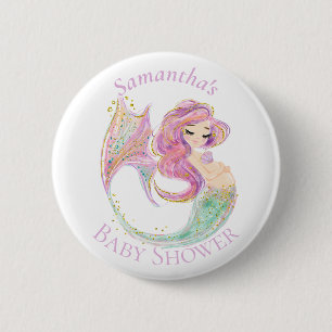 Mermaid Party Baby Shower White  6 Cm Round Badge
