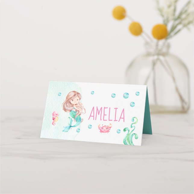 Mermaid party food label, mermaid place card (Front)