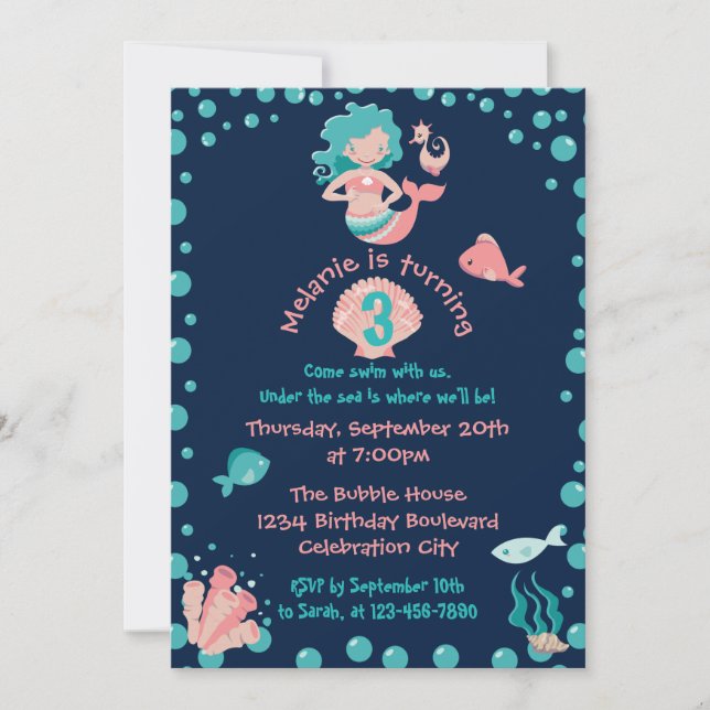 Mermaid Party | Girl's 3rd Birthday Party Invitation (Front)