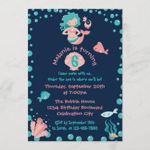 Mermaid Party   Girl's 6th Birthday Party Invitation