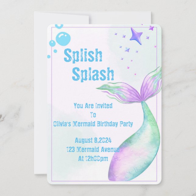 Mermaid Party Invitation for girls (Front)