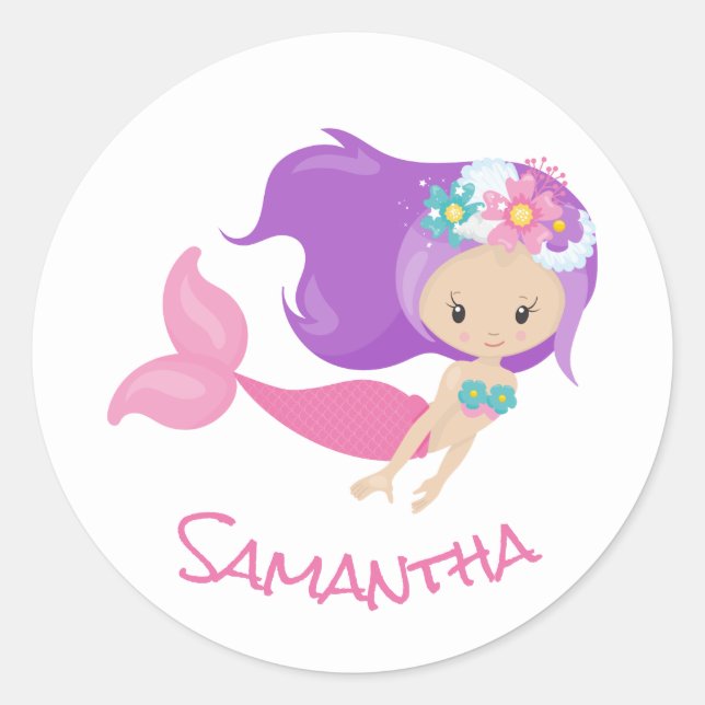 Mermaid Party Purple Classic Round Sticker (Front)