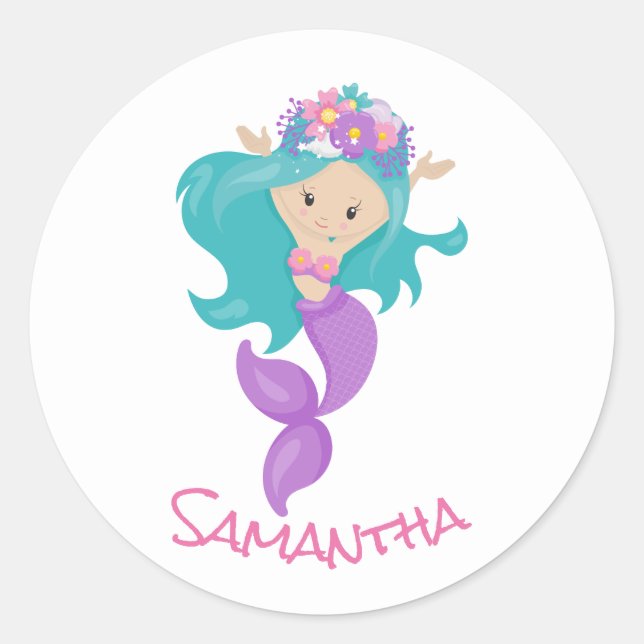 Mermaid Party Purple Classic Round Sticker (Front)