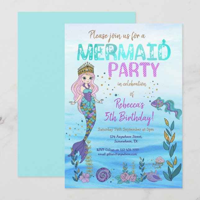 Mermaid Party Purple Teal Glitter Birthday Invitation (Front/Back)