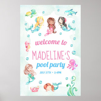Mermaid party sign, mermaid welcome sign poster