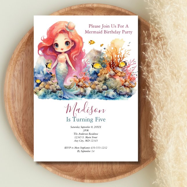 Mermaid Party Trendy Popular Little Girls Birthday Invitation (Girls Mermaid Birthday Party invitation)