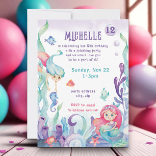 Mermaid Pastel Watercolor Birthday Invitation