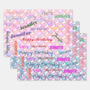 Mermaid Pattern Birthday Girly Custom Name Pink Wrapping Paper Sheet