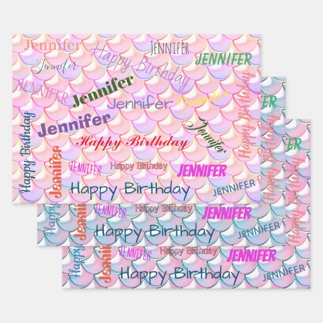 Mermaid Pattern Birthday Girly Custom Name Pink Wrapping Paper Sheet (Set)