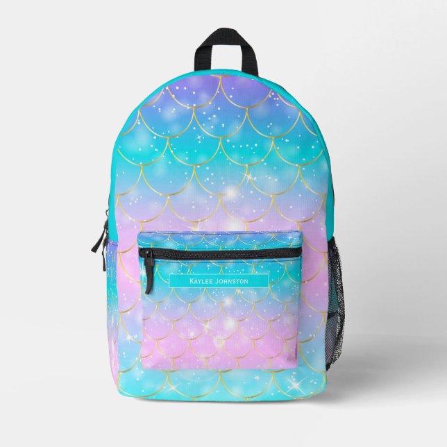 Mermaid pattern, Custom monogram girls Printed Backpack (Front)