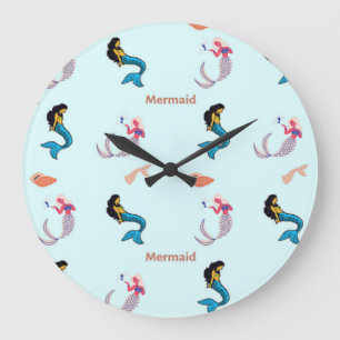 Mermaid pattern on blue large clock