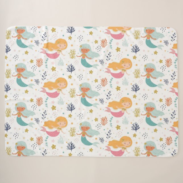 Mermaid Pattern Sherpa Blanket (Front (Horizontal))