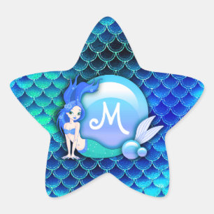 Mermaid Pearls and Scales Monogram Blue ID600 Star Sticker