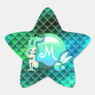 Mermaid Pearls and Scales Monogram Green ID600 Star Sticker
