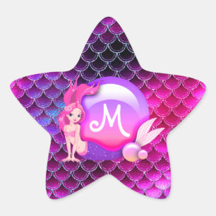 Mermaid Pearls and Scales Monogram Pink ID600 Star Sticker