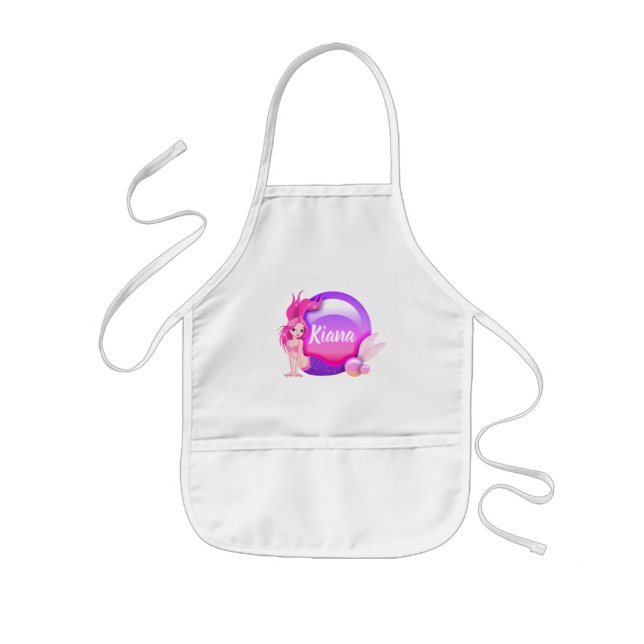 Mermaid Pearls and Scales Name/Monogram Pink ID600 Kids Apron (Front)