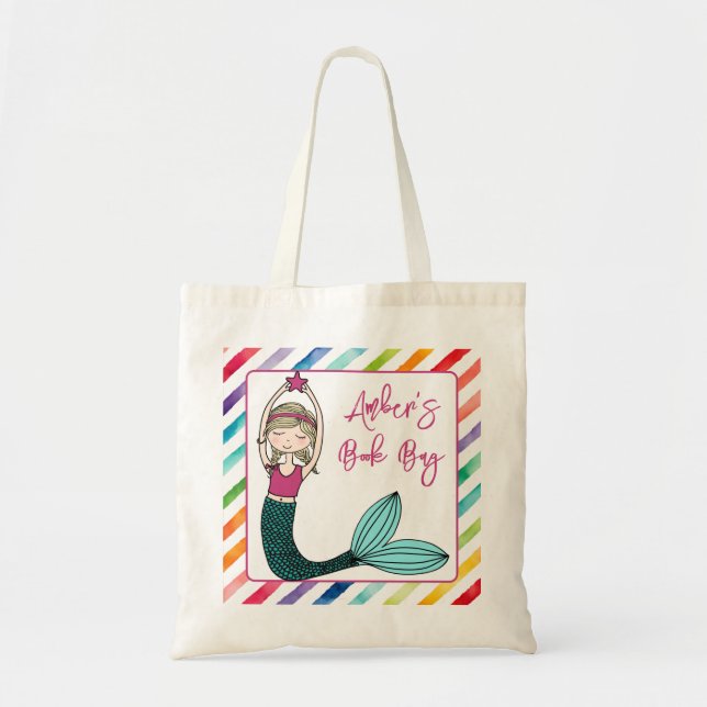 Mermaid, personalised kids school book bag (Front)
