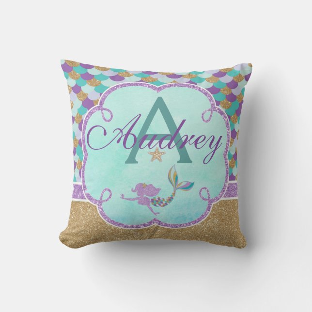 Mermaid Personalised Monogram Pillow Name (Front)