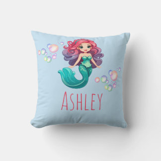 Mermaid Personalised Name Blue Accent Throw Pillow
