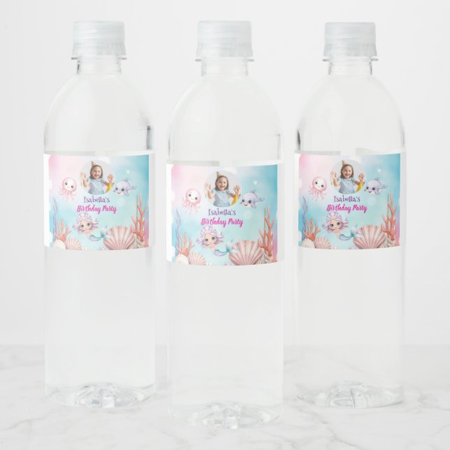 Mermaid Photo under the sea birthday Water Bottle Label (Bottles)