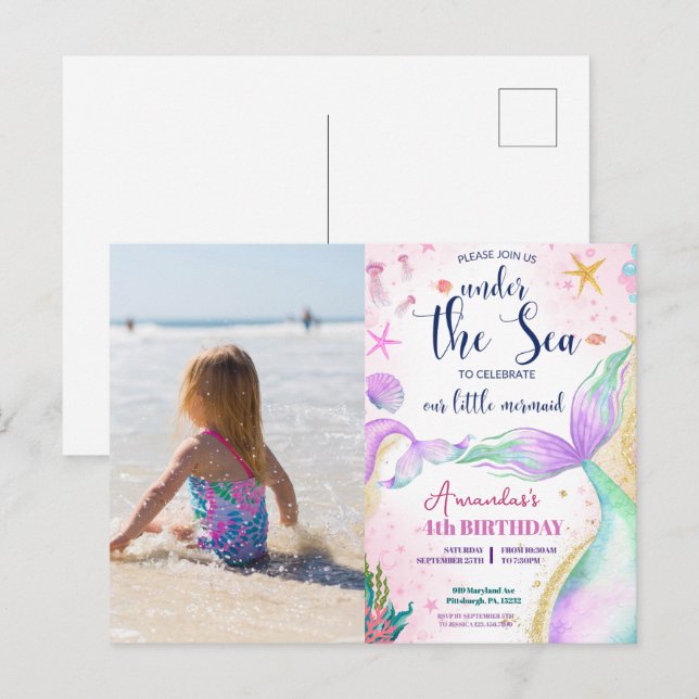 Mermaid Photo Watercolor Birthday Under the Sea Postcard (Front/Back)