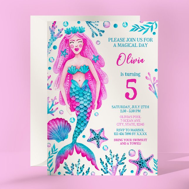 Mermaid Pink and Turquoise Girl's Birthday Party  Invitation (Mermaid Pink and Turquoise Girl's Birthday Party Invitation)