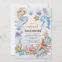 Mermaid Pink Blue Birthday Invitation