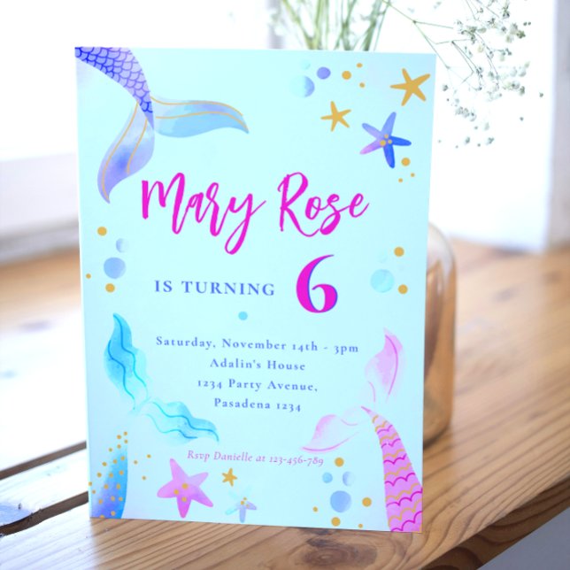 Mermaid Pink Blue Birthday Party Invitation (mermaid card)