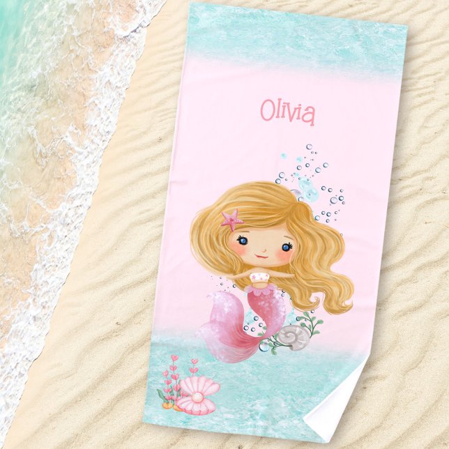 Mermaid Pink Blue Blonde Hair Girl Name Beach Towe Beach Towel (Mermaid Pink Blue Blond Hair Girl Name Beach Towel)