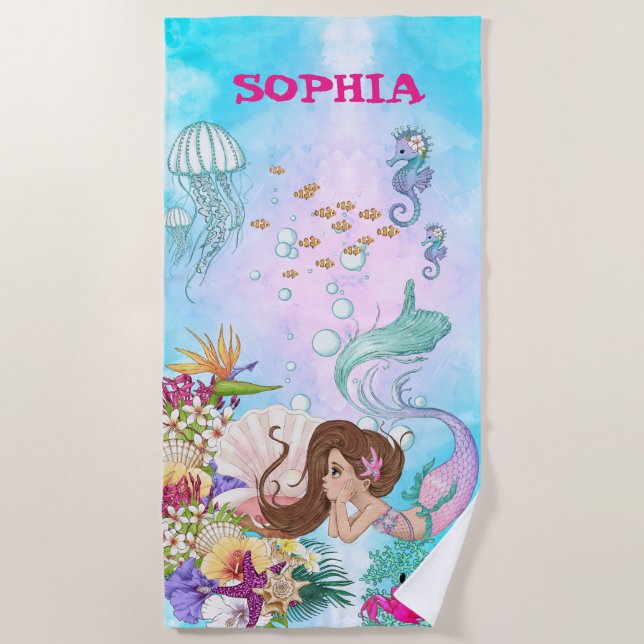 Mermaid Pink Blue Starfish Cute Personal   Beach Towel (Front)