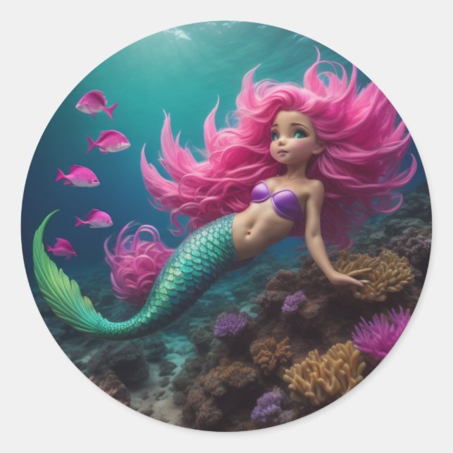 Mermaid Pink Classic Round Sticker (Front)