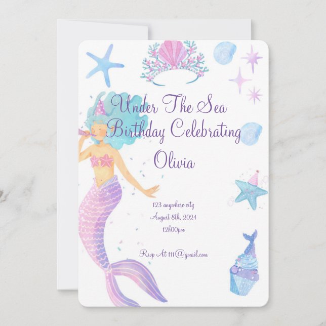 Mermaid pink girl seashells birthday invitation  (Front)