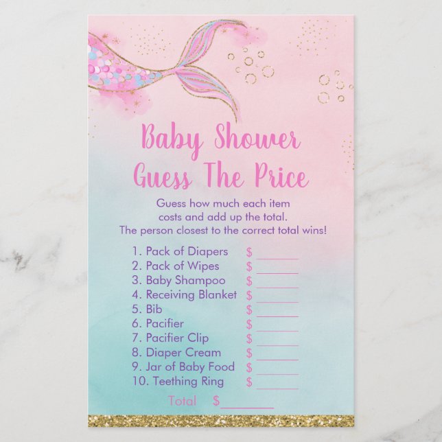 Mermaid Pink Gold Baby Shower Guess The Price Game (Front)