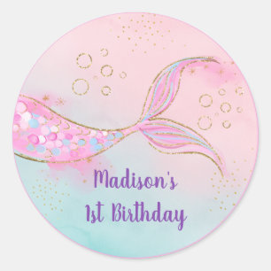 Mermaid Pink Gold Birthday Classic Round Sticker