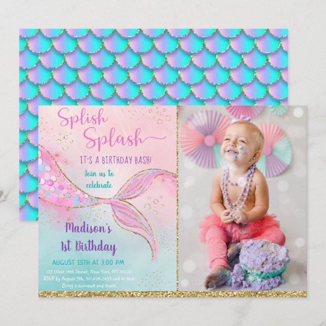Mermaid Pink Gold Birthday Invitation (Front/Back)