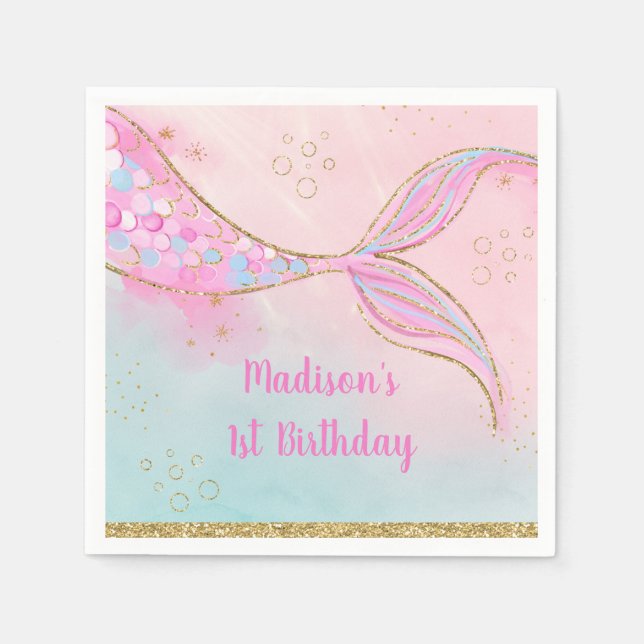 Mermaid Pink Gold Birthday Napkin (Front)