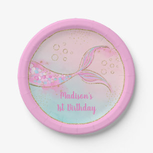 Mermaid Pink Gold Birthday Paper Plate