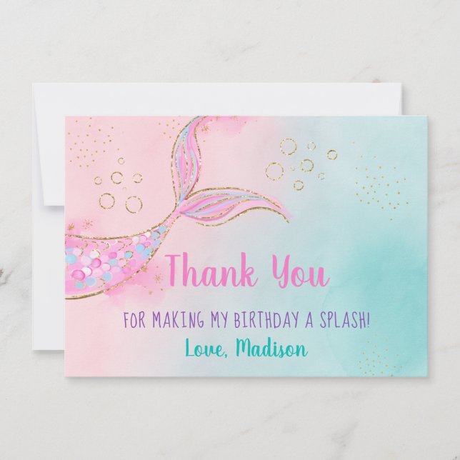 Mermaid Pink Gold Birthday Thank You Card (Front)