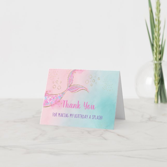 Mermaid Pink Gold Birthday Thank You Card (Front)