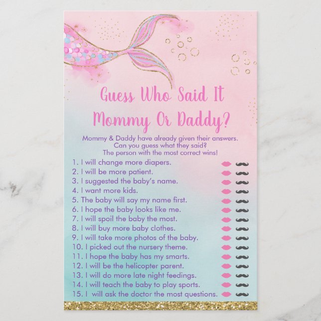 Mermaid Pink Gold Mummy Or Daddy Baby Shower Game (Front)