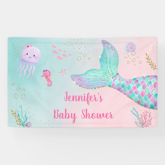 Mermaid Pink Gold Under The Sea Baby Shower Banner (Horizontal)