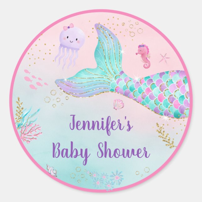 Mermaid Pink Gold Under The Sea Baby Shower Classi Classic Round Sticker (Front)