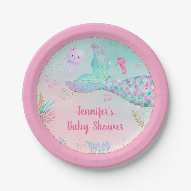 Mermaid Pink Gold Under The Sea Baby Shower Paper Plate (Front)