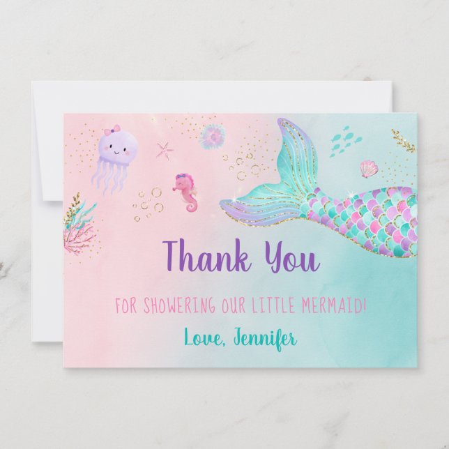 Mermaid Pink Gold Under The Sea Baby Shower Thank You Card (Front)